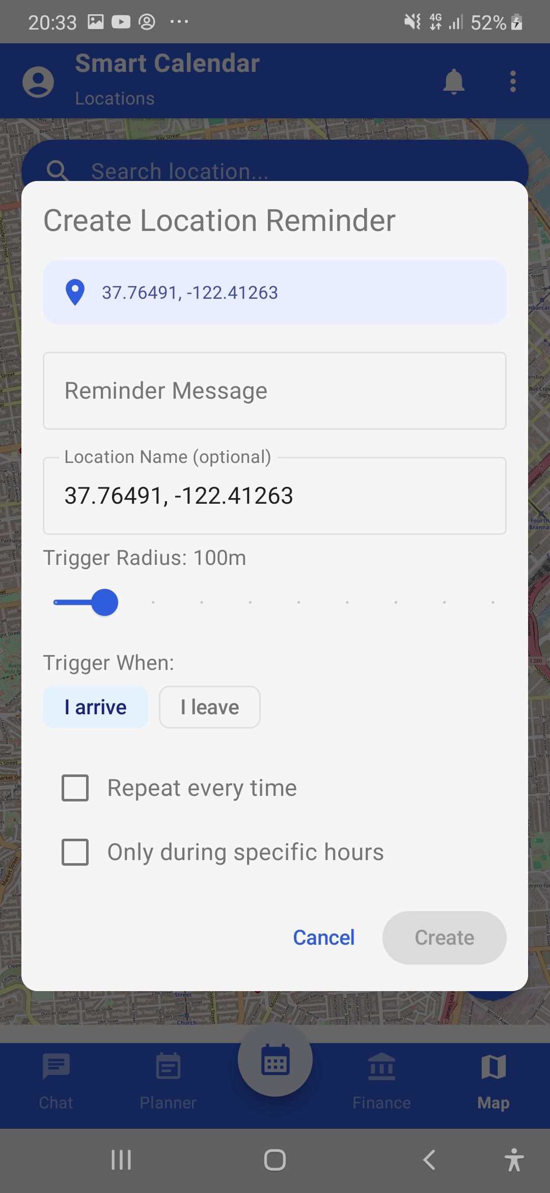 GPT Calendar — location-based reminder screen